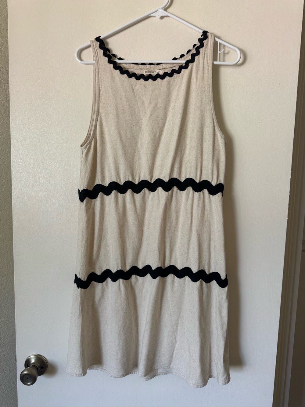 Boutique Oatmeal Linen Look Ric Rac Trim Coastal Mini Dress S